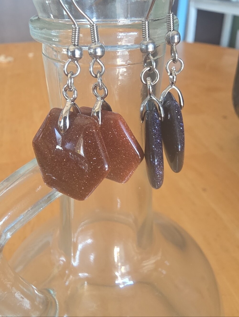 New Goldstone Hexagon and Dark Bluestone Drop Earrings - Women Jewelry
